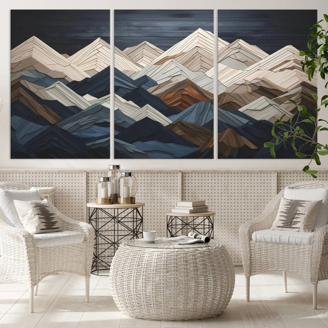 The living room features the Wood Mountain Range Wall Art - Ready to Hang 3-Piece Set in an abstract wooden design, contributing to the space's modern rustic decor.