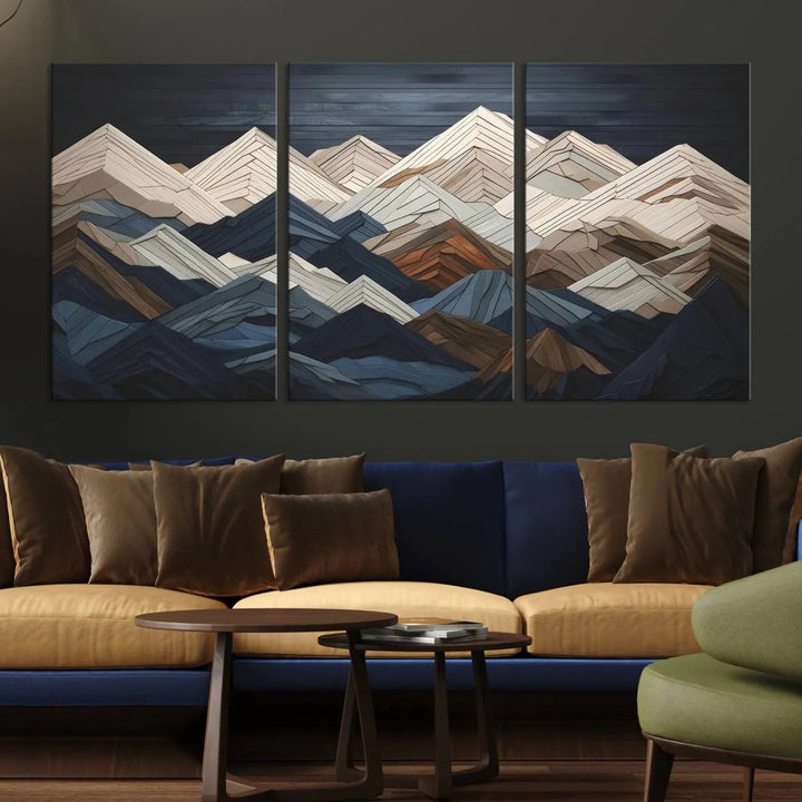 The living room features the Wood Mountain Range Wall Art - Ready to Hang 3-Piece Set in an abstract wooden design, contributing to the space's modern rustic decor.