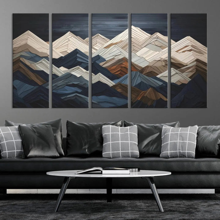 The living room features the Wood Mountain Range Wall Art - Ready to Hang 3-Piece Set in an abstract wooden design, contributing to the space's modern rustic decor.