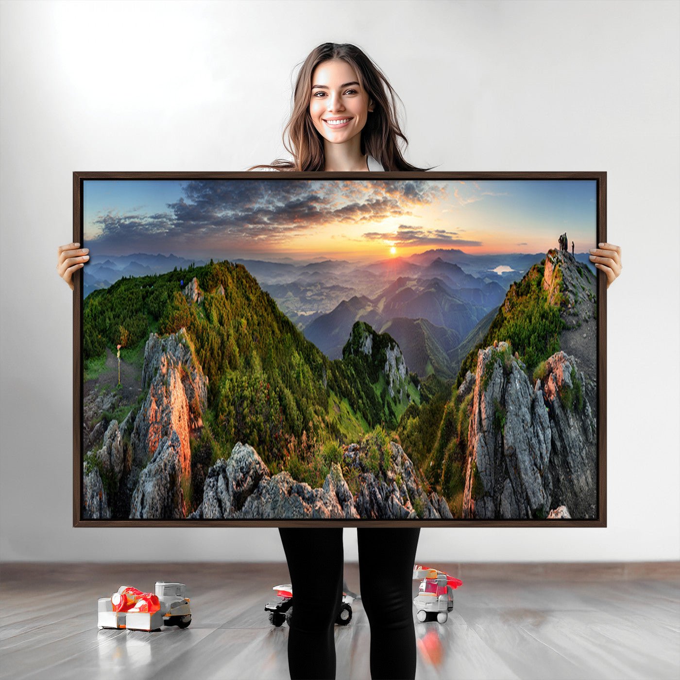 Mountain Sunset Panoramic Canvas Print – Scenic Wilderness Landscape, Majestic Summit , Multi-Panel Framed Artwork for Rustic Lodge Home