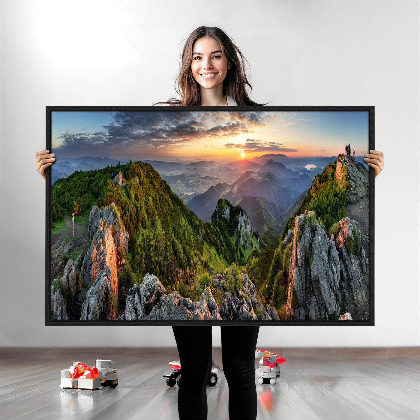 Mountain Sunset Panoramic Canvas Print – Scenic Wilderness Landscape, Majestic Summit , Multi-Panel Framed Artwork for Rustic Lodge Home