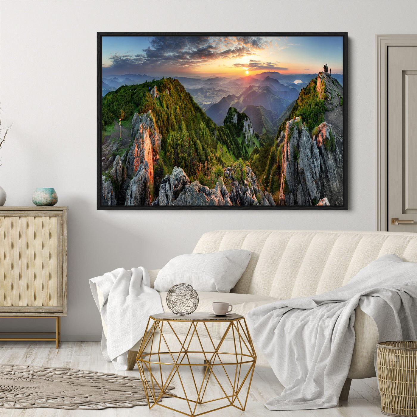 Mountain Sunset Panoramic Canvas Print – Scenic Wilderness Landscape, Majestic Summit , Multi-Panel Framed Artwork for Rustic Lodge Home