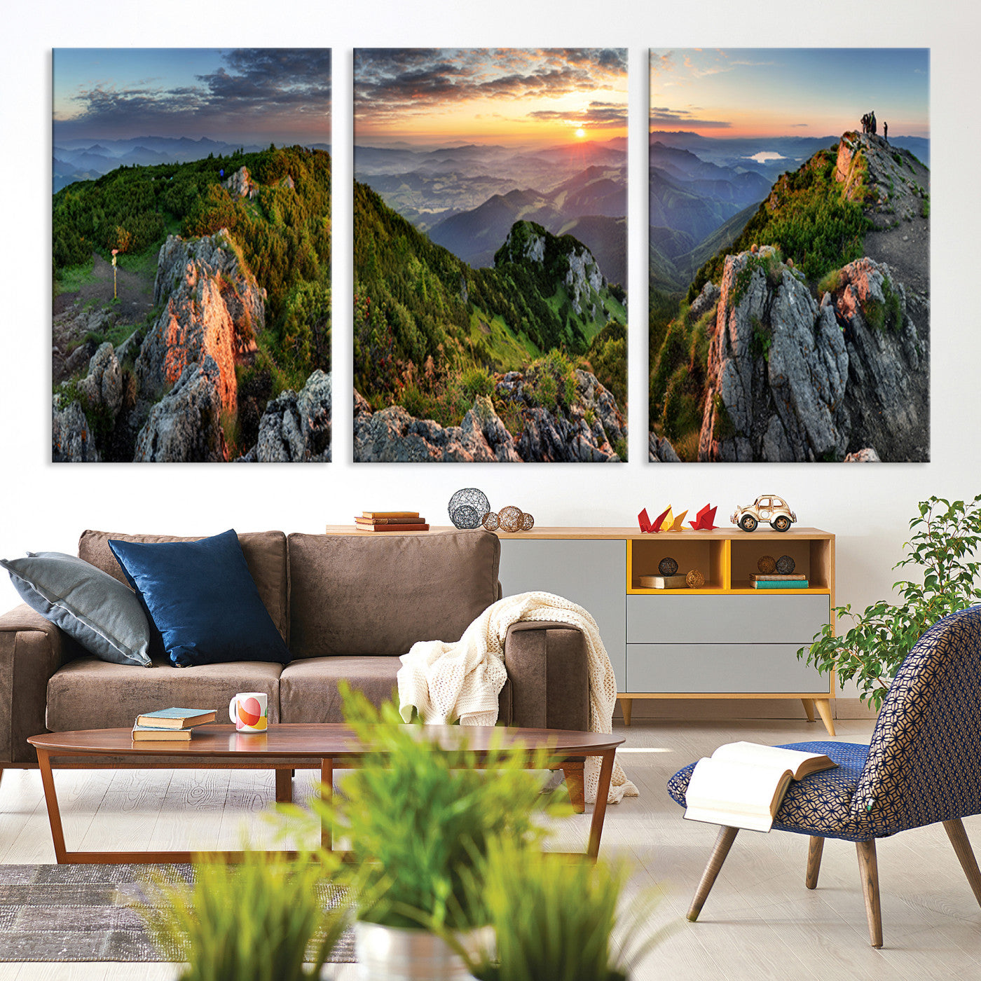 Mountain Sunset Panoramic Canvas Print – Scenic Wilderness Landscape, Majestic Summit , Multi-Panel Framed Artwork for Rustic Lodge Home