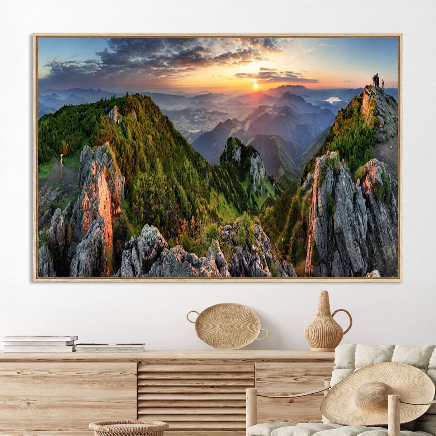 Mountain Sunset Panoramic Canvas Print – Scenic Wilderness Landscape, Majestic Summit , Multi-Panel Framed Artwork for Rustic Lodge Home