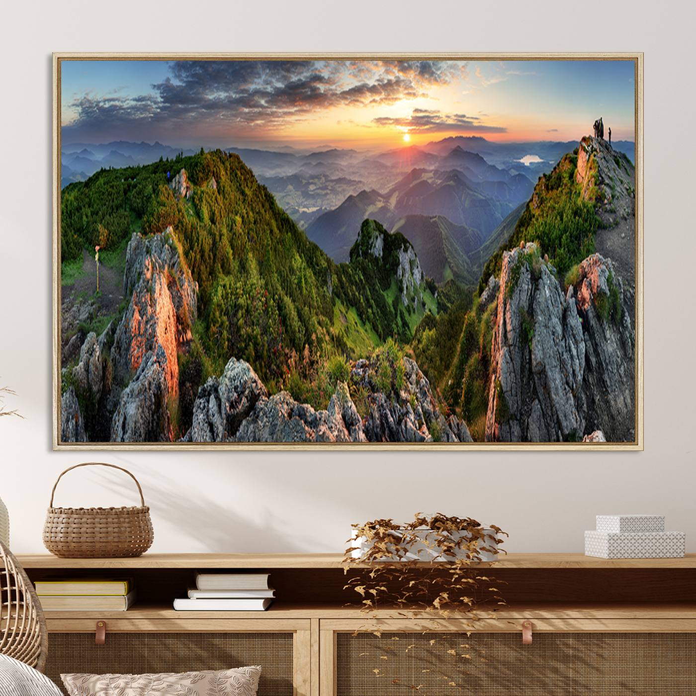 Mountain Sunset Panoramic Canvas Print – Scenic Wilderness Landscape, Majestic Summit , Multi-Panel Framed Artwork for Rustic Lodge Home