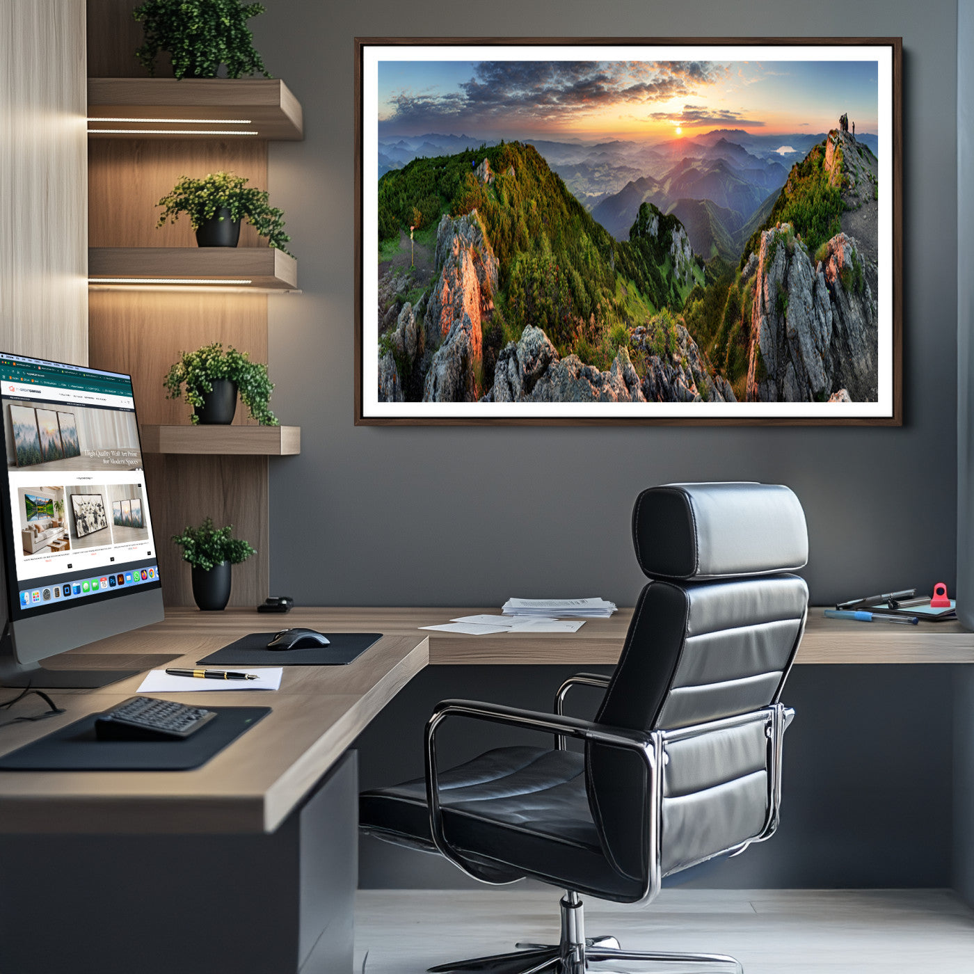 51582565-MGV-CV-36X24-Mountain Sunset Panoramic Canvas Print – Scenic Wilderness Landscape, Majestic Summit , Multi-Panel Framed Artwork for Rustic Lodge Home