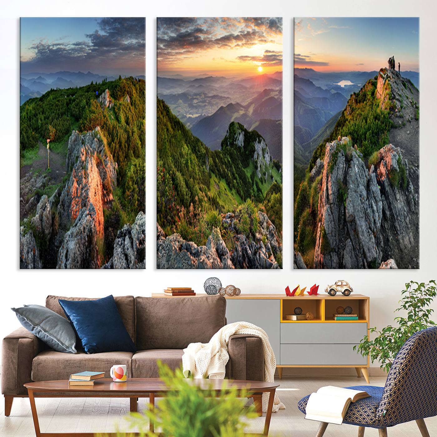 51582565-MGV-CV-36X24-Mountain Sunset Panoramic Canvas Print – Scenic Wilderness Landscape, Majestic Summit , Multi-Panel Framed Artwork for Rustic Lodge Home