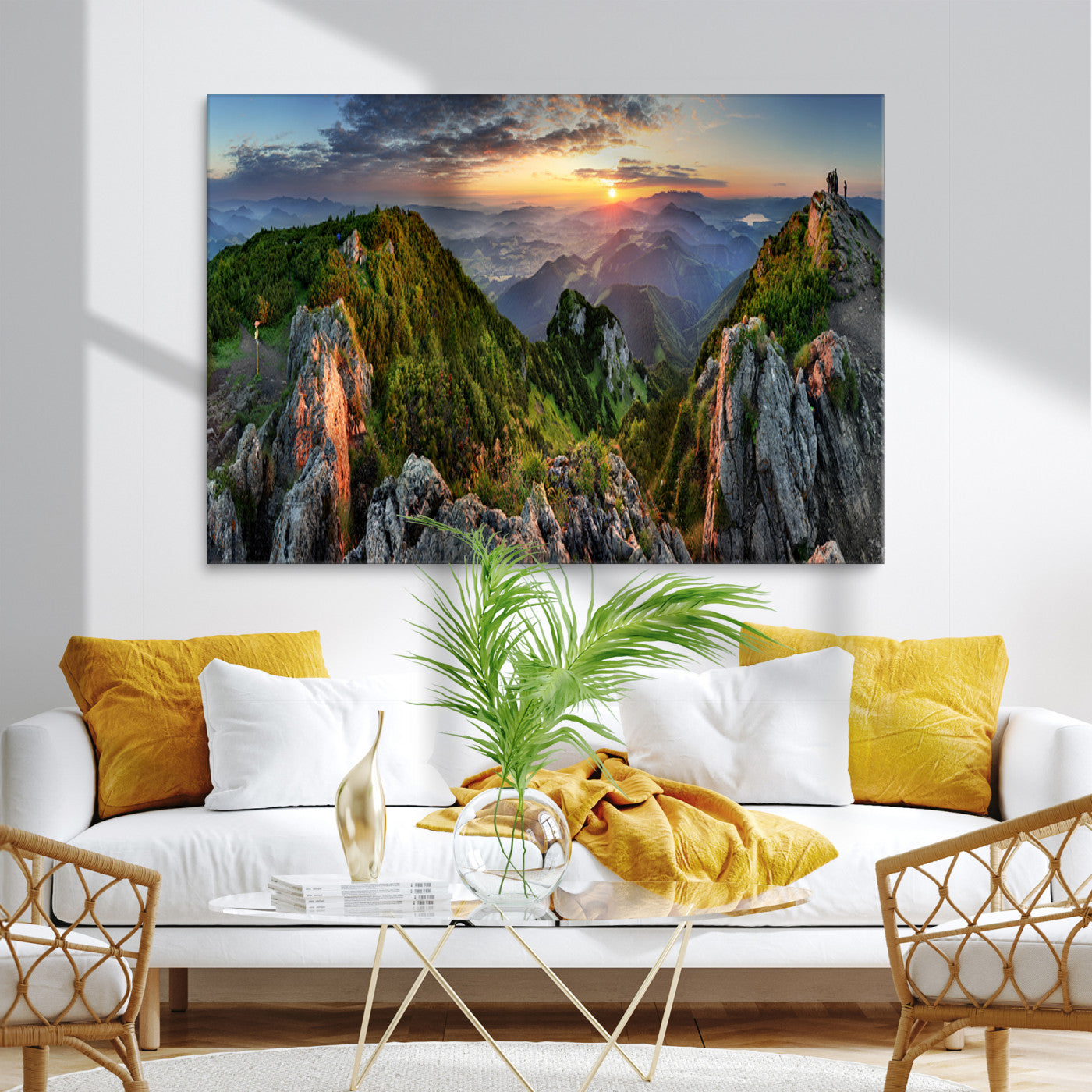 Mountain Sunset Panoramic Canvas Print – Scenic Wilderness Landscape, Majestic Summit , Multi-Panel Framed Artwork for Rustic Lodge Home