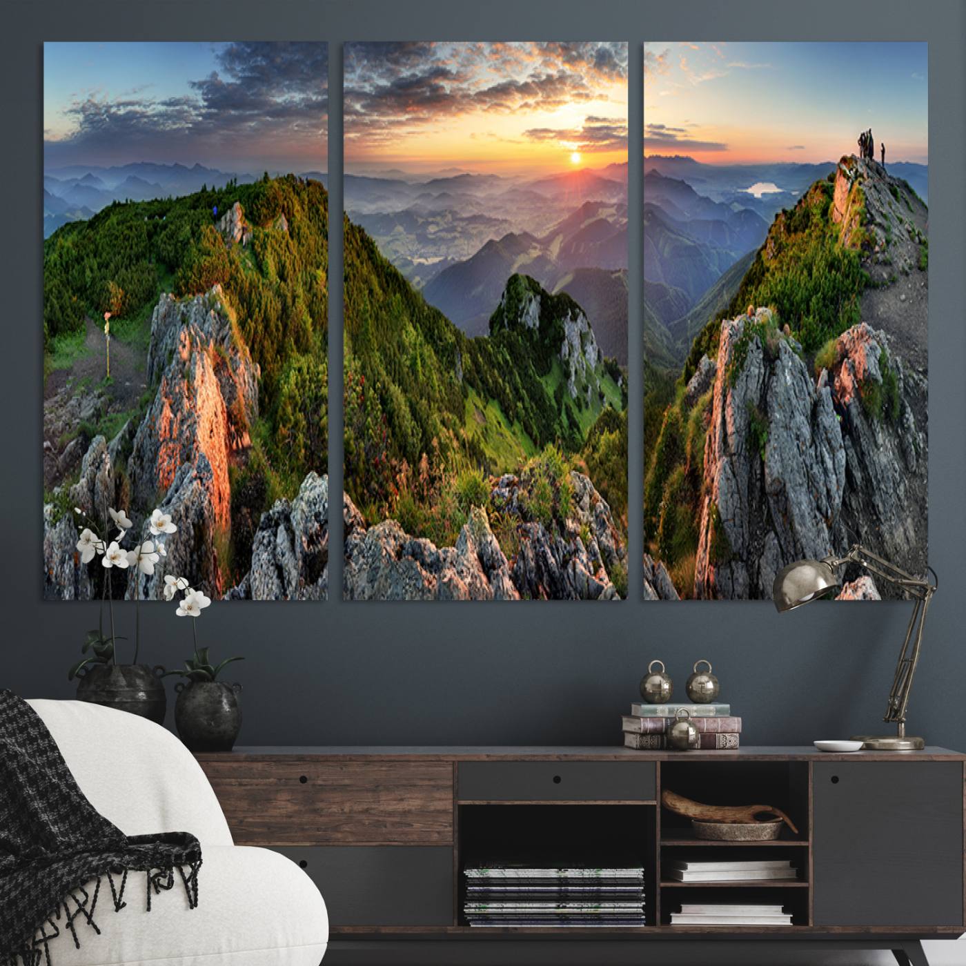 51582565-MGV-CV-36X24-Mountain Sunset Panoramic Canvas Print – Scenic Wilderness Landscape, Majestic Summit , Multi-Panel Framed Artwork for Rustic Lodge Home