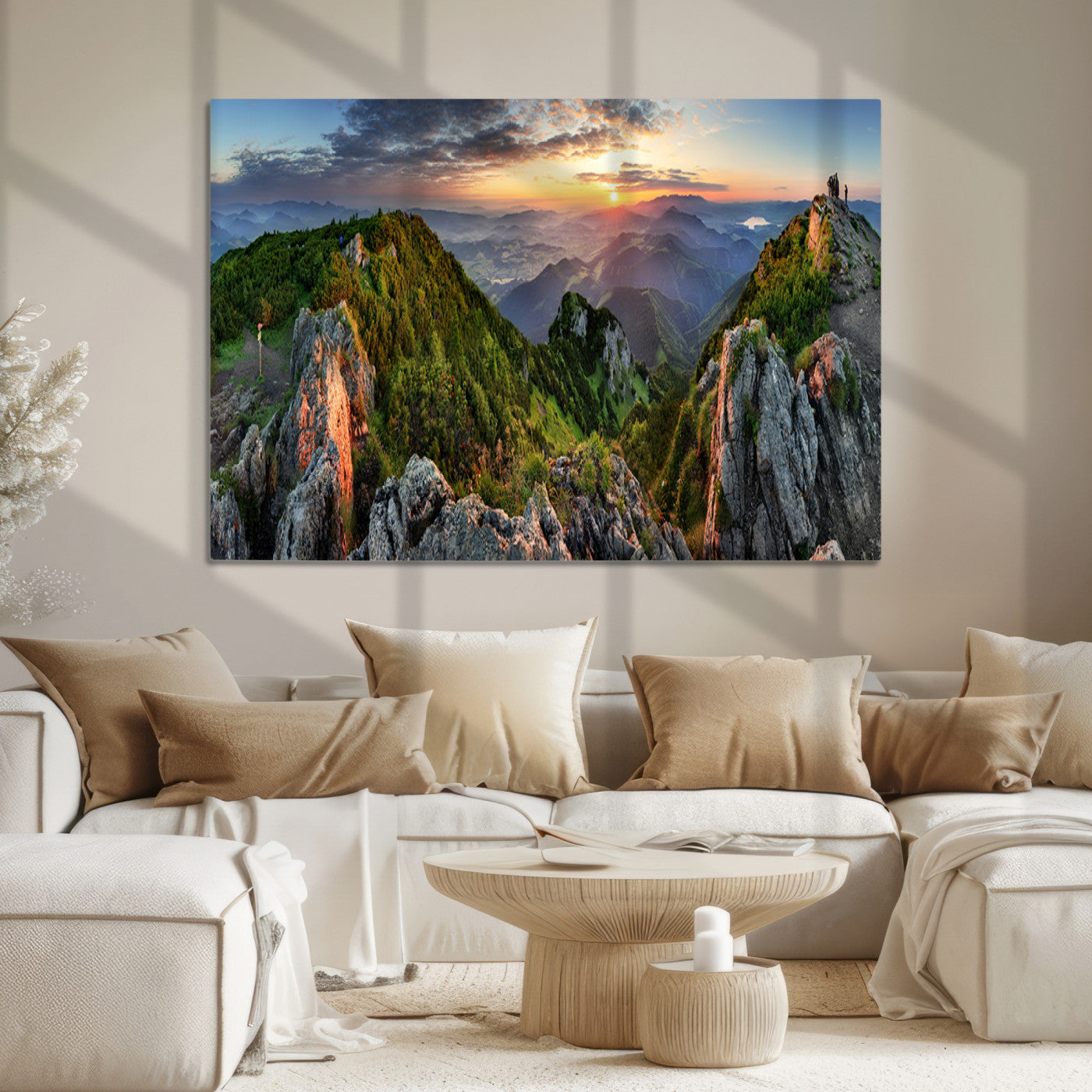 Mountain Sunset Panoramic Canvas Print – Scenic Wilderness Landscape, Majestic Summit , Multi-Panel Framed Artwork for Rustic Lodge Home