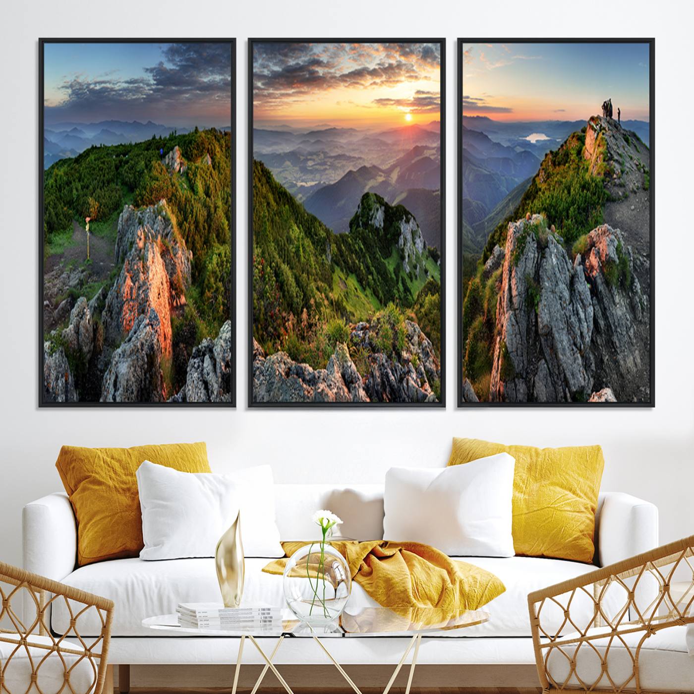 51582565-MGV-CV-36X24-Mountain Sunset Panoramic Canvas Print – Scenic Wilderness Landscape, Majestic Summit , Multi-Panel Framed Artwork for Rustic Lodge Home