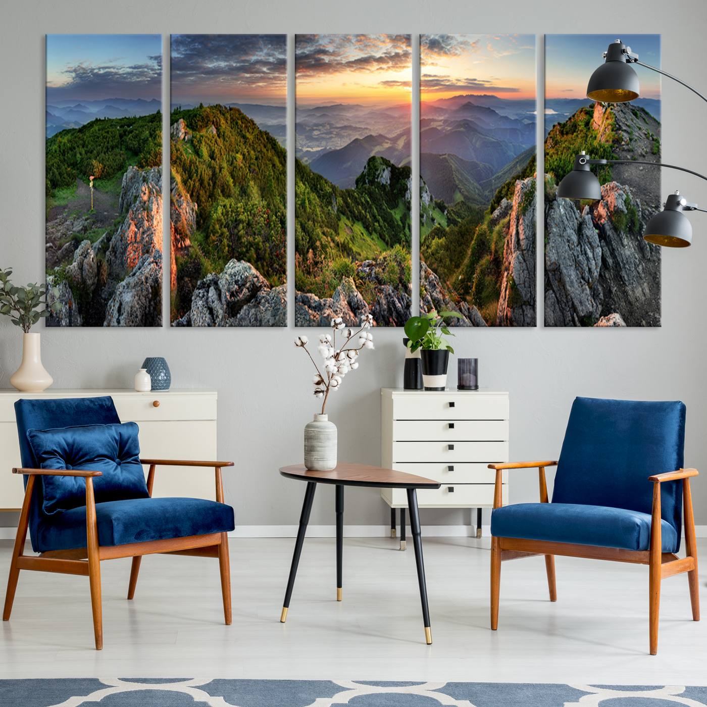 51582565-MGV-CV-36X24-Mountain Sunset Panoramic Canvas Print – Scenic Wilderness Landscape, Majestic Summit , Multi-Panel Framed Artwork for Rustic Lodge Home