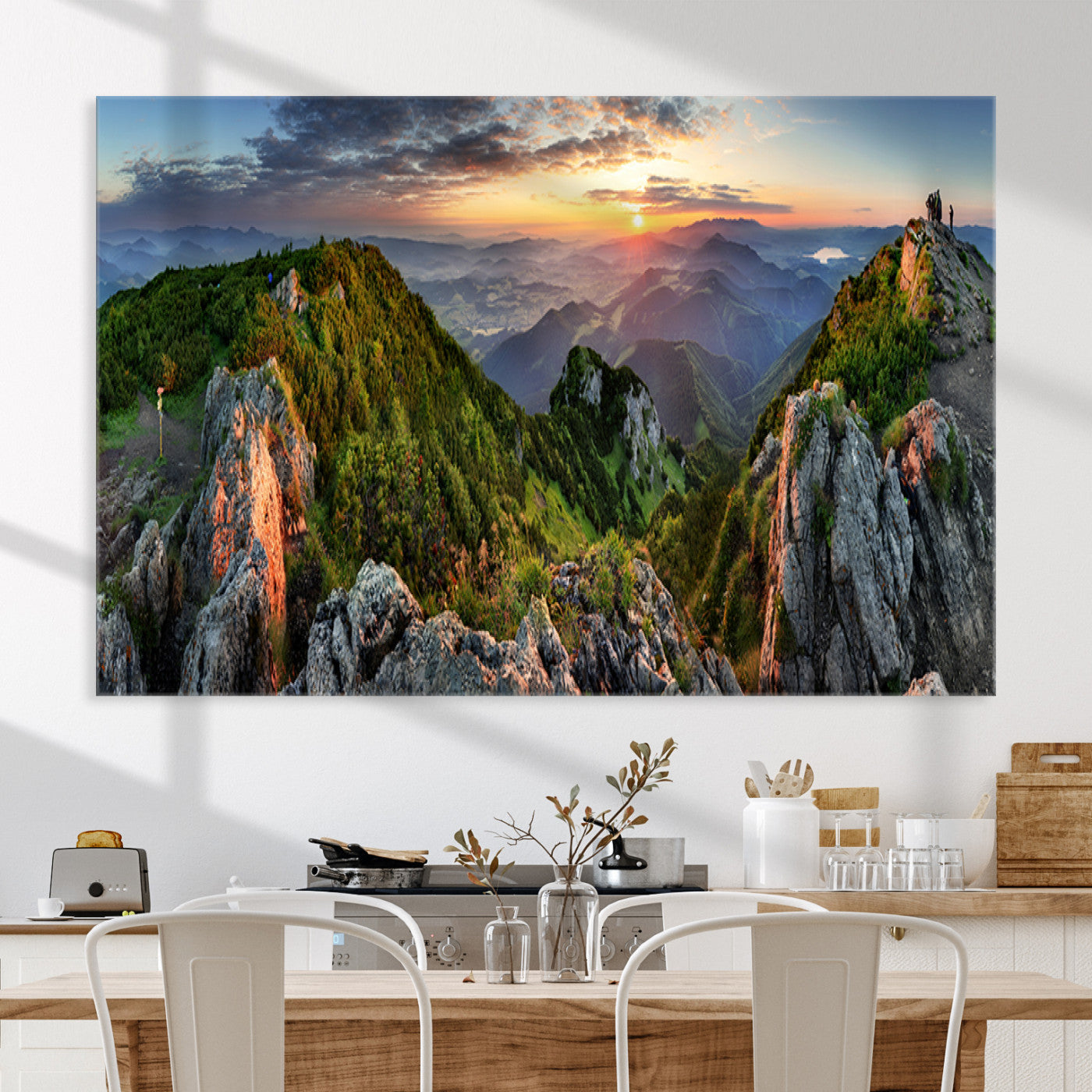 Mountain Sunset Panoramic Canvas Print – Scenic Wilderness Landscape, Majestic Summit , Multi-Panel Framed Artwork for Rustic Lodge Home