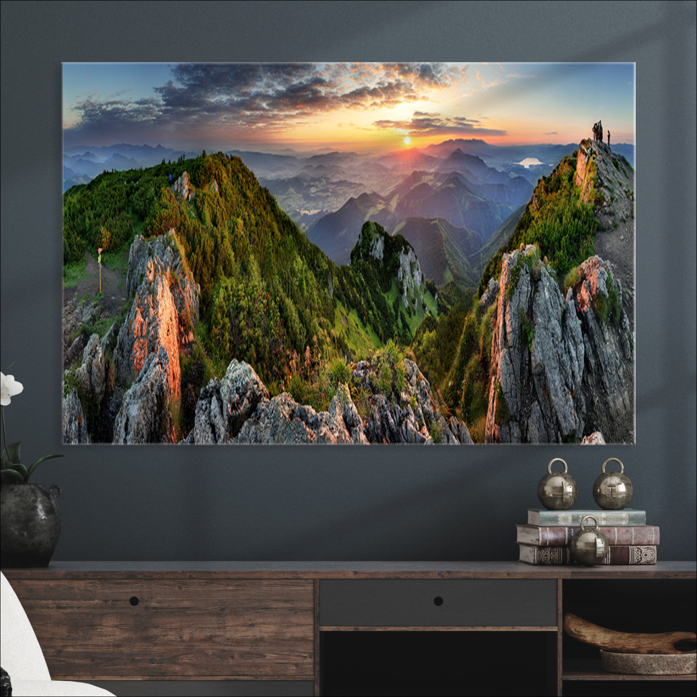 Mountain Sunset Panoramic Canvas Print – Scenic Wilderness Landscape, Majestic Summit , Multi-Panel Framed Artwork for Rustic Lodge Home