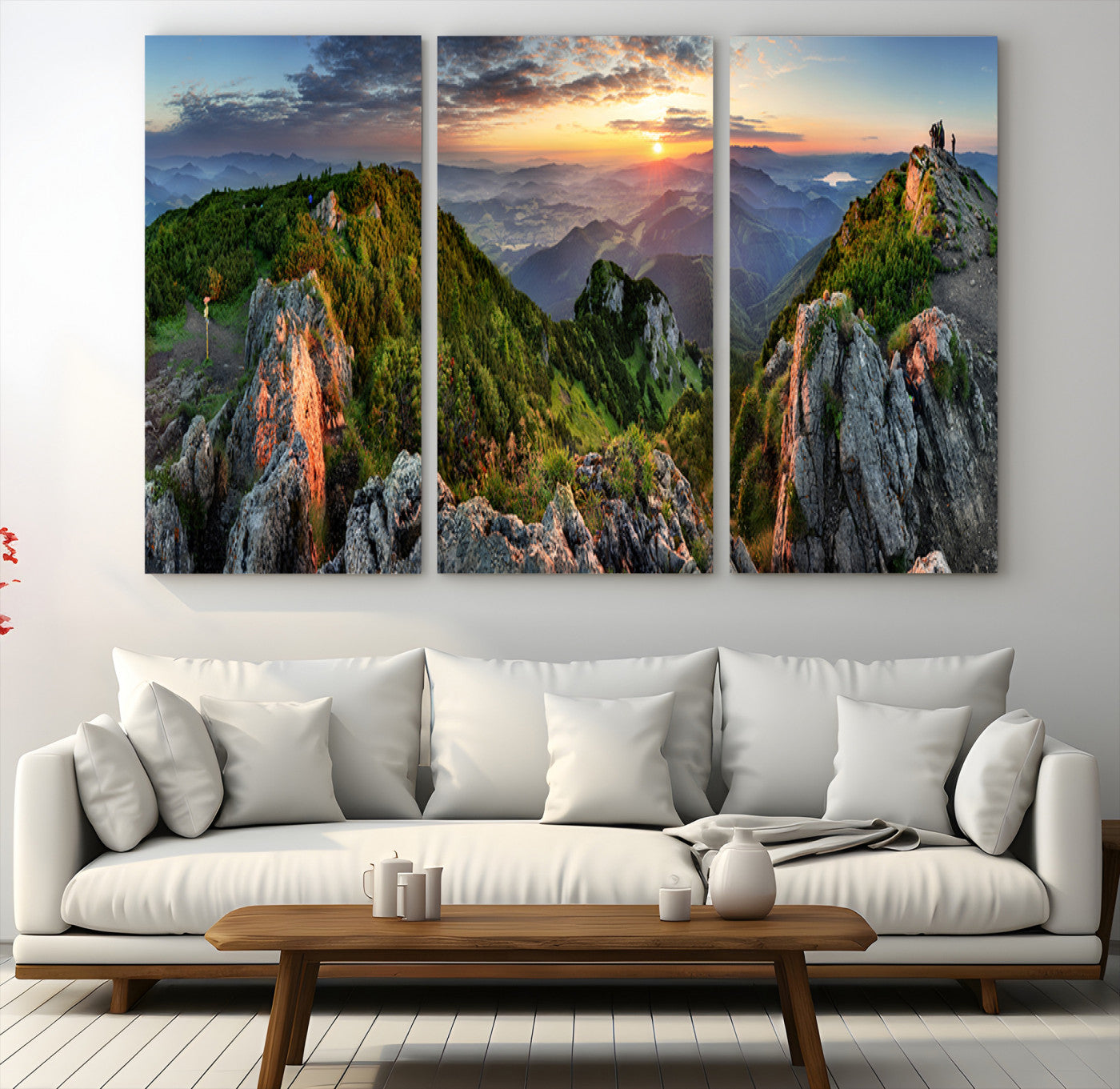 51582565-MGV-CV-48X32-3P-Mountain Sunset Panoramic Canvas Print – Scenic Wilderness Landscape, Majestic Summit , Multi-Panel Framed Artwork for Rustic Lodge Home