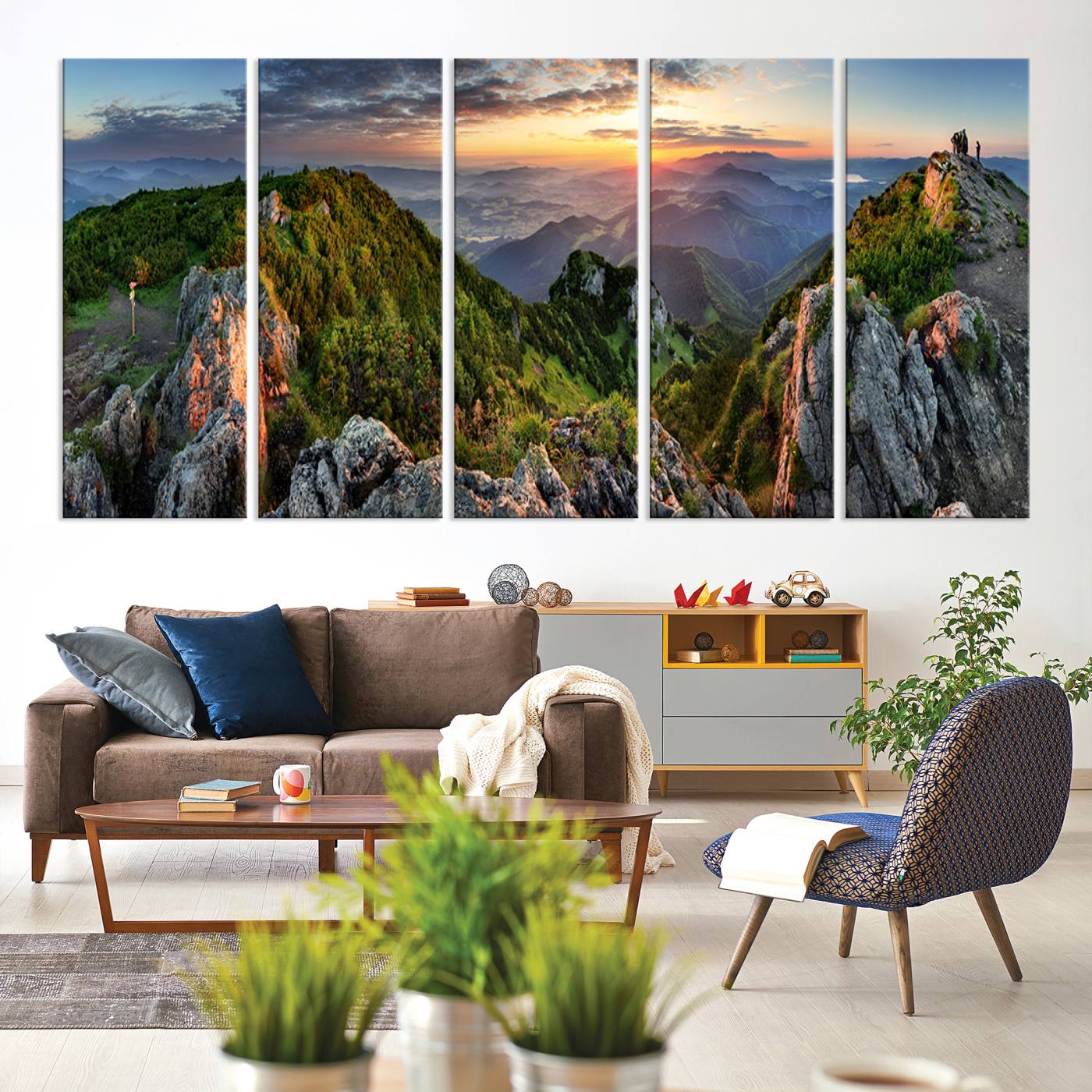51582565-MGV-CV-60X31-5P-Mountain Sunset Panoramic Canvas Print – Scenic Wilderness Landscape, Majestic Summit , Multi-Panel Framed Artwork for Rustic Lodge Home