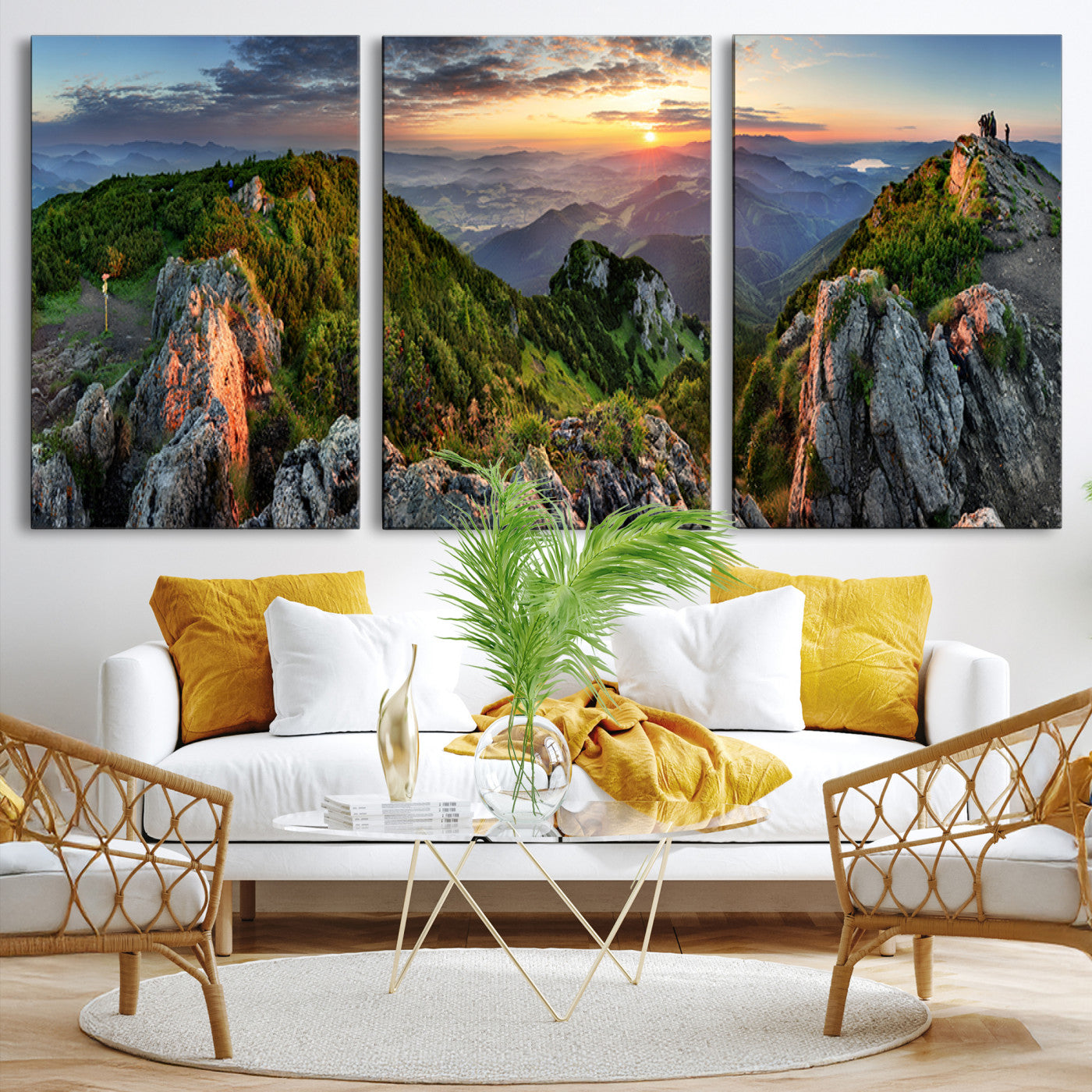 Mountain Sunset Panoramic Canvas Print – Scenic Wilderness Landscape, Majestic Summit , Multi-Panel Framed Artwork for Rustic Lodge Home