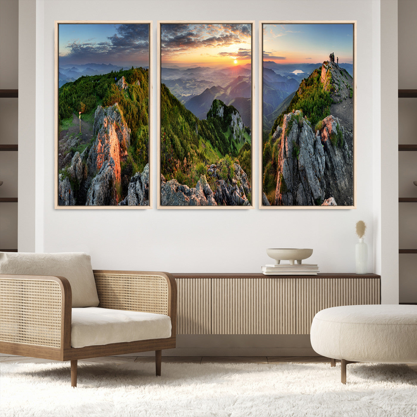 51582565-MGV-FC-48X32-3P_Natural-Mountain Sunset Panoramic Canvas Print – Scenic Wilderness Landscape, Majestic Summit , Multi-Panel Framed Artwork for Rustic Lodge Home