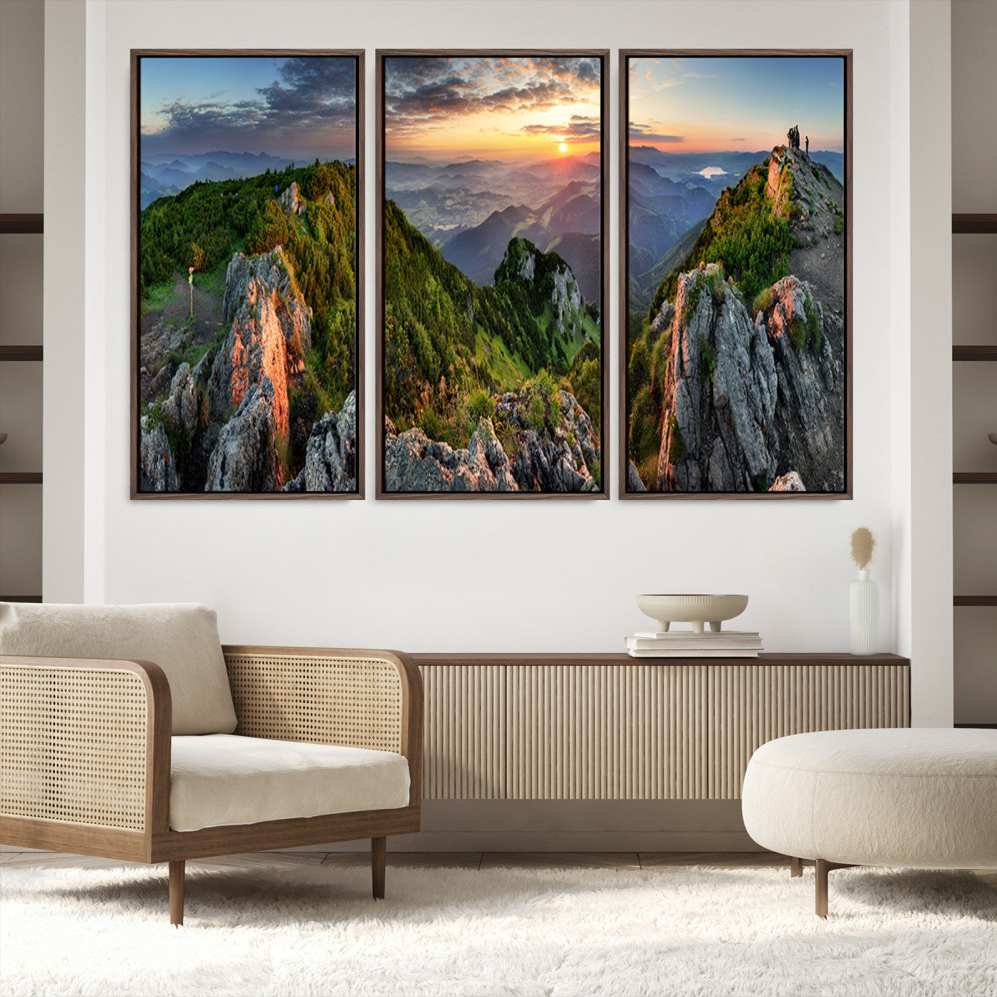 51582565-MGV-FC-48X32-3P_Walnut-Mountain Sunset Panoramic Canvas Print – Scenic Wilderness Landscape, Majestic Summit , Multi-Panel Framed Artwork for Rustic Lodge Home