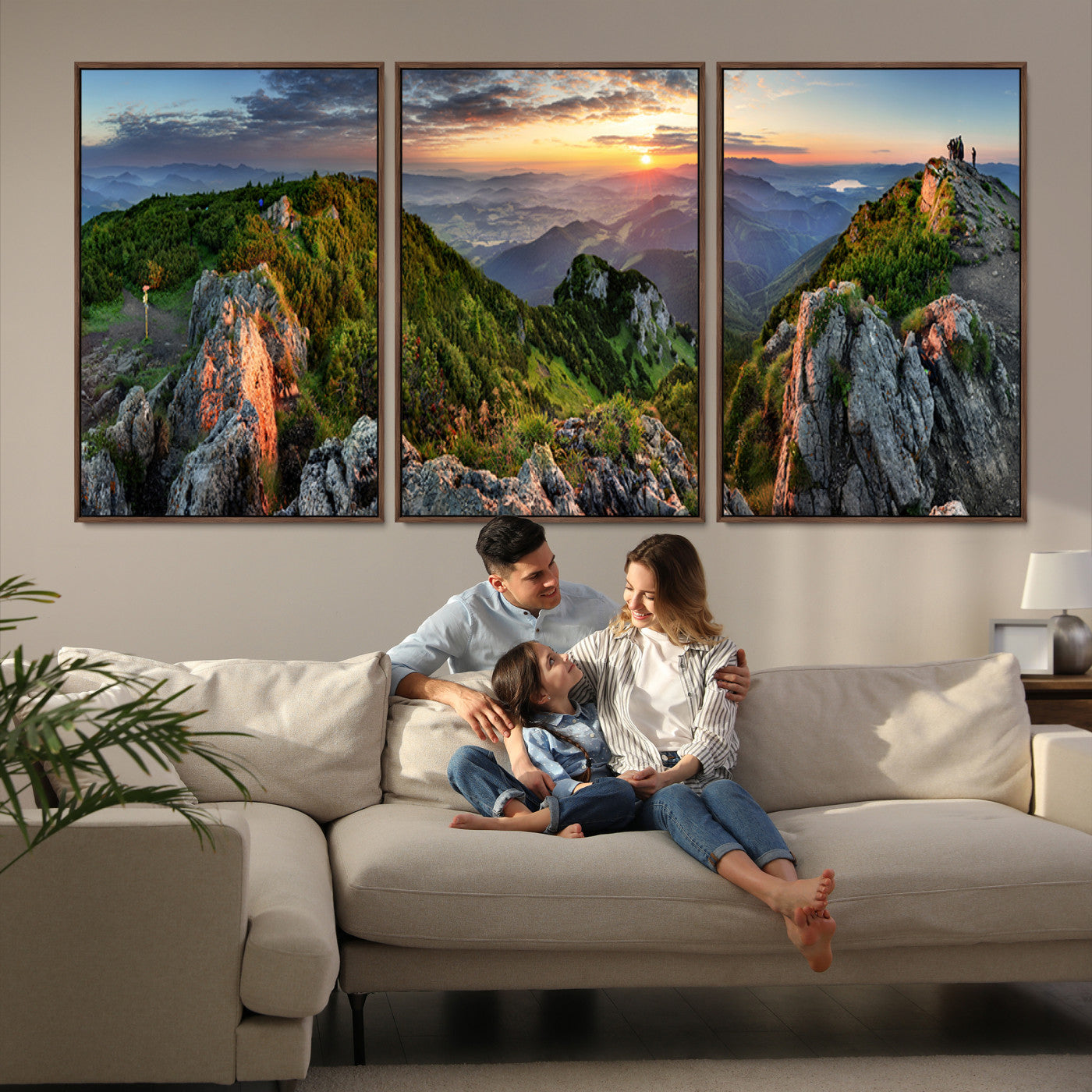 51582565-MGV-FC-60X30-3P_Walnut-Mountain Sunset Panoramic Canvas Print – Scenic Wilderness Landscape, Majestic Summit , Multi-Panel Framed Artwork for Rustic Lodge Home