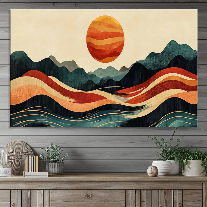 Enhance your contemporary kitchen with the "Mountain Triptych Wall Art - Western Nature Prints." This framed boho canvas depicts an abstract landscape featuring an orange sun rising over stylized mountains and wavy lines, all crafted with a gallery-quality finish for a striking visual impact.