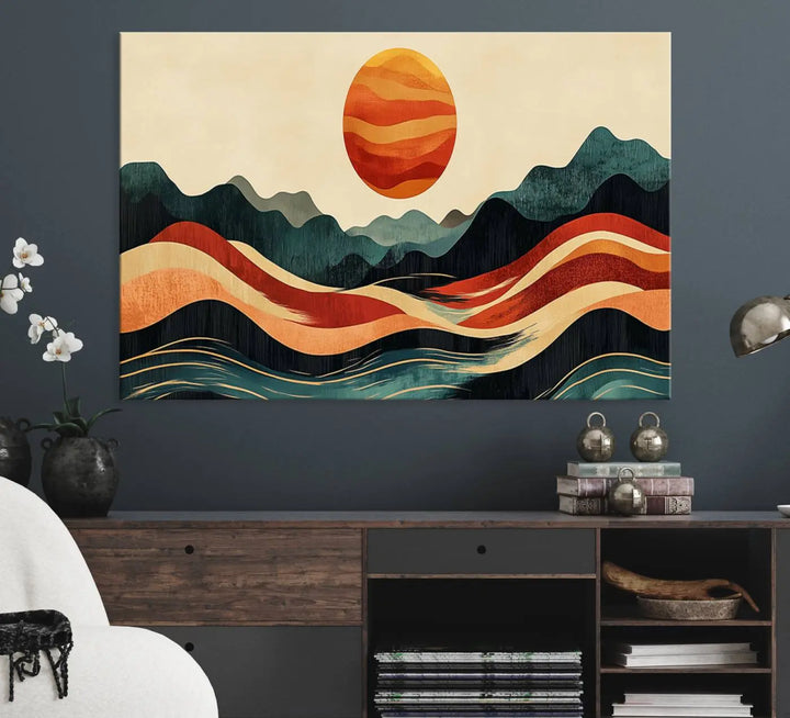 Enhance your contemporary kitchen with the "Mountain Triptych Wall Art - Western Nature Prints." This framed boho canvas depicts an abstract landscape featuring an orange sun rising over stylized mountains and wavy lines, all crafted with a gallery-quality finish for a striking visual impact.