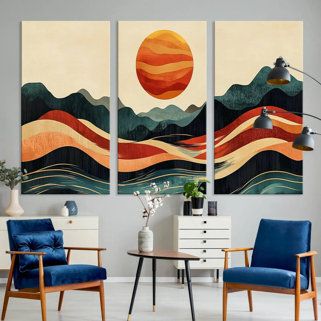 Enhance your contemporary kitchen with the "Mountain Triptych Wall Art - Western Nature Prints." This framed boho canvas depicts an abstract landscape featuring an orange sun rising over stylized mountains and wavy lines, all crafted with a gallery-quality finish for a striking visual impact.