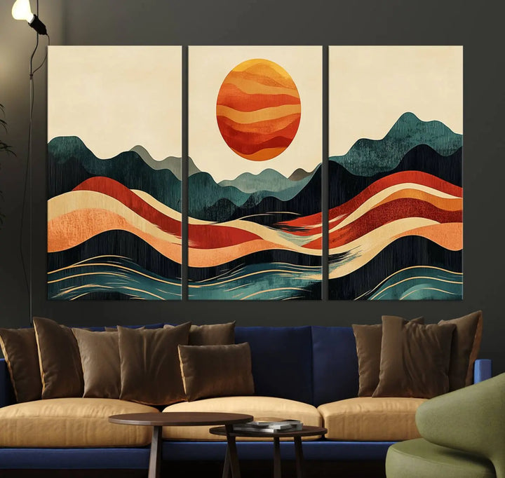 Enhance your contemporary kitchen with the "Mountain Triptych Wall Art - Western Nature Prints." This framed boho canvas depicts an abstract landscape featuring an orange sun rising over stylized mountains and wavy lines, all crafted with a gallery-quality finish for a striking visual impact.