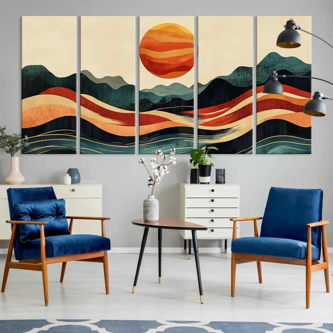 Enhance your contemporary kitchen with the "Mountain Triptych Wall Art - Western Nature Prints." This framed boho canvas depicts an abstract landscape featuring an orange sun rising over stylized mountains and wavy lines, all crafted with a gallery-quality finish for a striking visual impact.