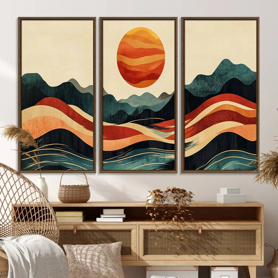 Enhance your contemporary kitchen with the "Mountain Triptych Wall Art - Western Nature Prints." This framed boho canvas depicts an abstract landscape featuring an orange sun rising over stylized mountains and wavy lines, all crafted with a gallery-quality finish for a striking visual impact.