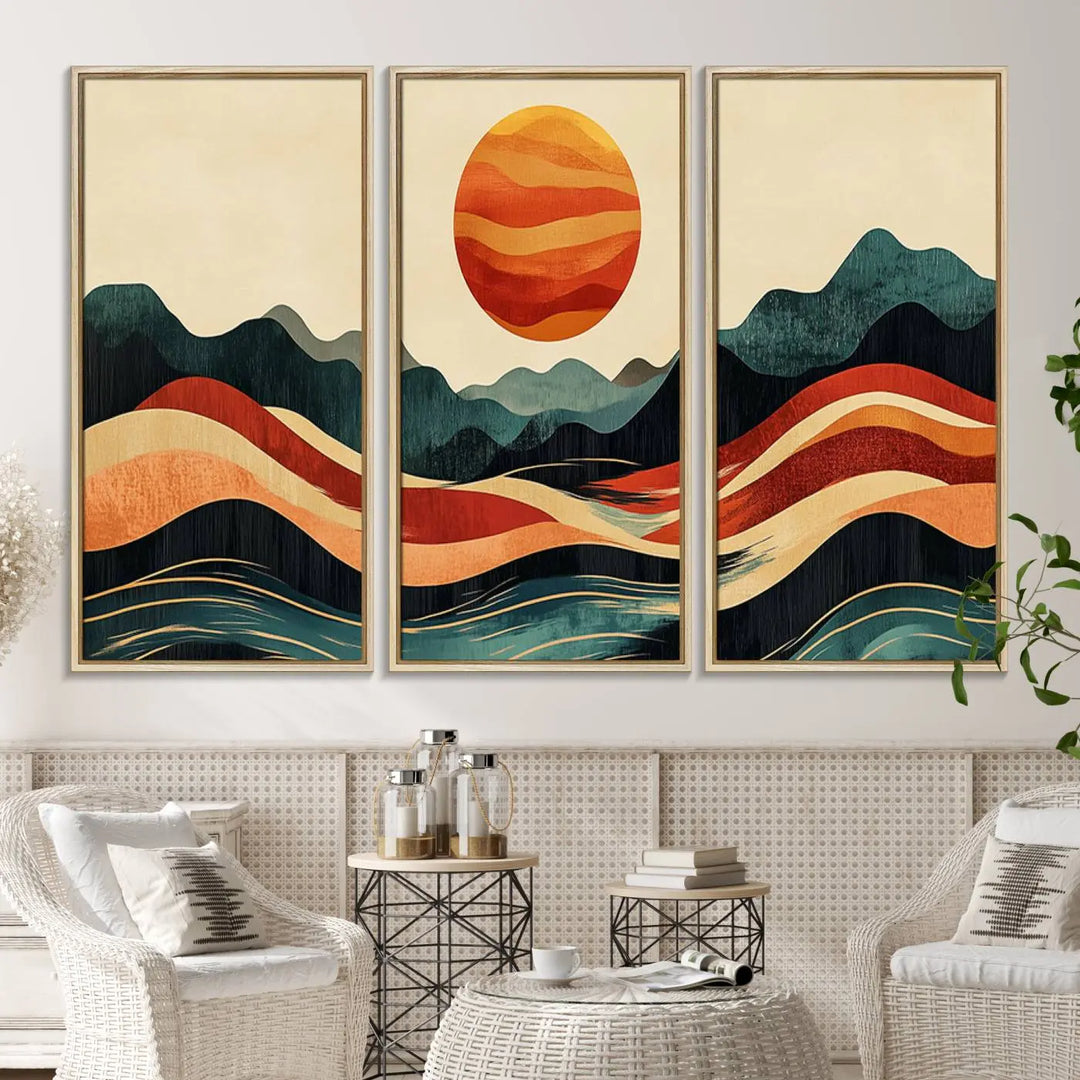 Enhance your contemporary kitchen with the "Mountain Triptych Wall Art - Western Nature Prints." This framed boho canvas depicts an abstract landscape featuring an orange sun rising over stylized mountains and wavy lines, all crafted with a gallery-quality finish for a striking visual impact.