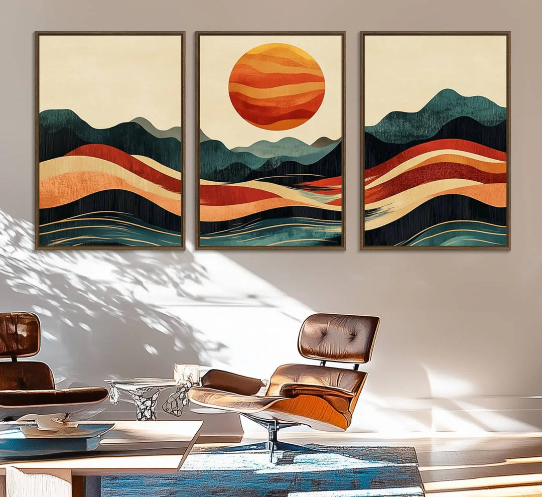 Enhance your contemporary kitchen with the "Mountain Triptych Wall Art - Western Nature Prints." This framed boho canvas depicts an abstract landscape featuring an orange sun rising over stylized mountains and wavy lines, all crafted with a gallery-quality finish for a striking visual impact.