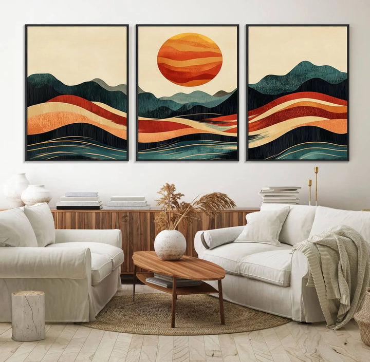 Enhance your contemporary kitchen with the "Mountain Triptych Wall Art - Western Nature Prints." This framed boho canvas depicts an abstract landscape featuring an orange sun rising over stylized mountains and wavy lines, all crafted with a gallery-quality finish for a striking visual impact.