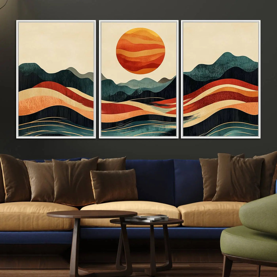 Enhance your contemporary kitchen with the "Mountain Triptych Wall Art - Western Nature Prints." This framed boho canvas depicts an abstract landscape featuring an orange sun rising over stylized mountains and wavy lines, all crafted with a gallery-quality finish for a striking visual impact.