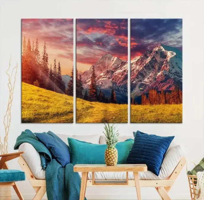 The "Mountain and Daylight Red Sunset Wall Art Canvas Print," featuring three panels of a mountain landscape at sunset, graces the wall with its vibrant depiction. Printed on museum-quality canvas with UV-protective coating, this ready-to-hang piece can effortlessly transform any living space into an artistic sanctuary.