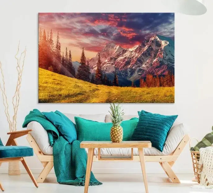 The "Mountain and Daylight Red Sunset Wall Art Canvas Print," featuring three panels of a mountain landscape at sunset, graces the wall with its vibrant depiction. Printed on museum-quality canvas with UV-protective coating, this ready-to-hang piece can effortlessly transform any living space into an artistic sanctuary.