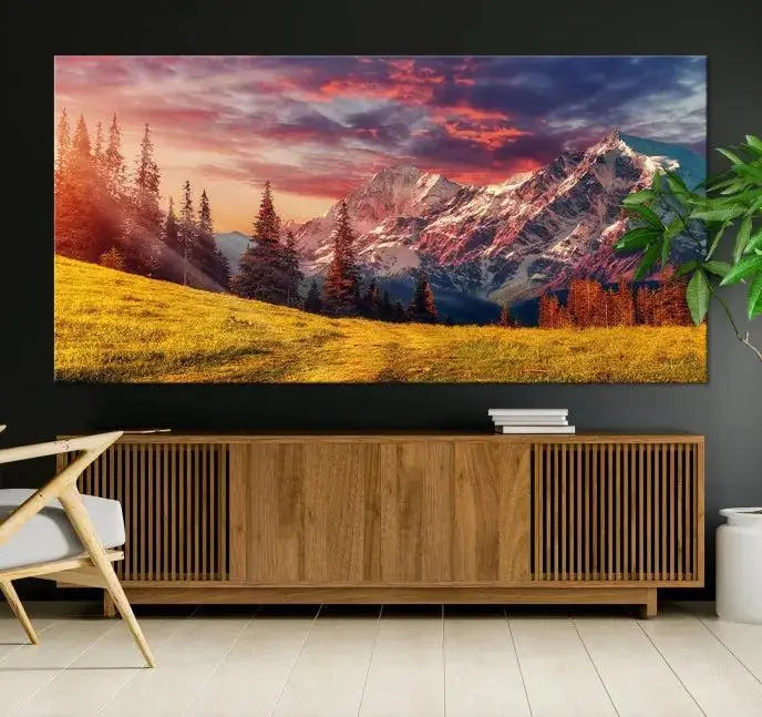 The "Mountain and Daylight Red Sunset Wall Art Canvas Print," featuring three panels of a mountain landscape at sunset, graces the wall with its vibrant depiction. Printed on museum-quality canvas with UV-protective coating, this ready-to-hang piece can effortlessly transform any living space into an artistic sanctuary.