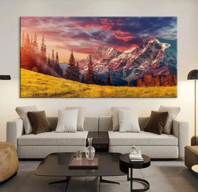 The "Mountain and Daylight Red Sunset Wall Art Canvas Print," featuring three panels of a mountain landscape at sunset, graces the wall with its vibrant depiction. Printed on museum-quality canvas with UV-protective coating, this ready-to-hang piece can effortlessly transform any living space into an artistic sanctuary.