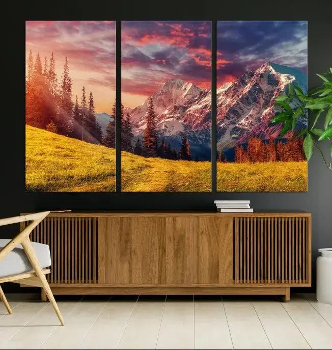 The "Mountain and Daylight Red Sunset Wall Art Canvas Print," featuring three panels of a mountain landscape at sunset, graces the wall with its vibrant depiction. Printed on museum-quality canvas with UV-protective coating, this ready-to-hang piece can effortlessly transform any living space into an artistic sanctuary.