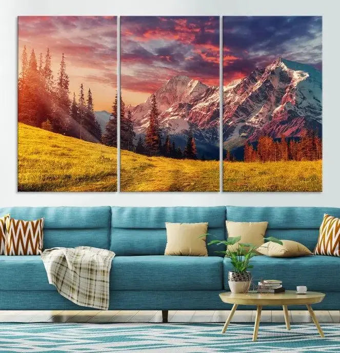 The "Mountain and Daylight Red Sunset Wall Art Canvas Print," featuring three panels of a mountain landscape at sunset, graces the wall with its vibrant depiction. Printed on museum-quality canvas with UV-protective coating, this ready-to-hang piece can effortlessly transform any living space into an artistic sanctuary.