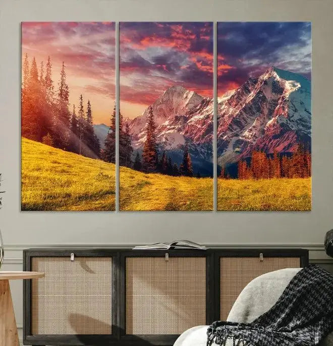 The "Mountain and Daylight Red Sunset Wall Art Canvas Print," featuring three panels of a mountain landscape at sunset, graces the wall with its vibrant depiction. Printed on museum-quality canvas with UV-protective coating, this ready-to-hang piece can effortlessly transform any living space into an artistic sanctuary.