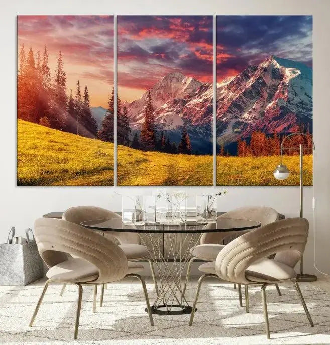 The "Mountain and Daylight Red Sunset Wall Art Canvas Print," featuring three panels of a mountain landscape at sunset, graces the wall with its vibrant depiction. Printed on museum-quality canvas with UV-protective coating, this ready-to-hang piece can effortlessly transform any living space into an artistic sanctuary.