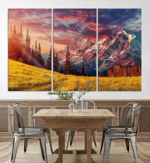 The "Mountain and Daylight Red Sunset Wall Art Canvas Print," featuring three panels of a mountain landscape at sunset, graces the wall with its vibrant depiction. Printed on museum-quality canvas with UV-protective coating, this ready-to-hang piece can effortlessly transform any living space into an artistic sanctuary.