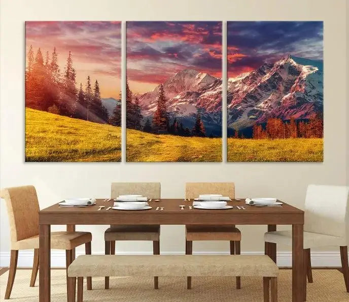 The "Mountain and Daylight Red Sunset Wall Art Canvas Print," featuring three panels of a mountain landscape at sunset, graces the wall with its vibrant depiction. Printed on museum-quality canvas with UV-protective coating, this ready-to-hang piece can effortlessly transform any living space into an artistic sanctuary.