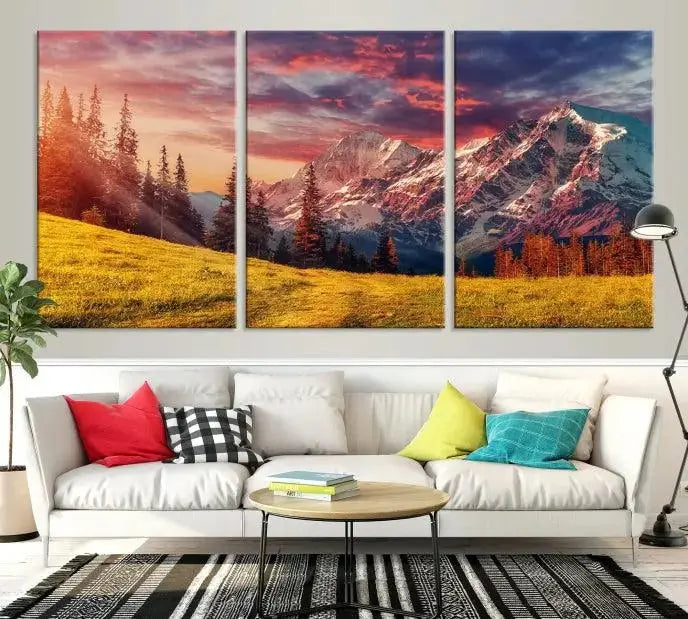 The "Mountain and Daylight Red Sunset Wall Art Canvas Print," featuring three panels of a mountain landscape at sunset, graces the wall with its vibrant depiction. Printed on museum-quality canvas with UV-protective coating, this ready-to-hang piece can effortlessly transform any living space into an artistic sanctuary.