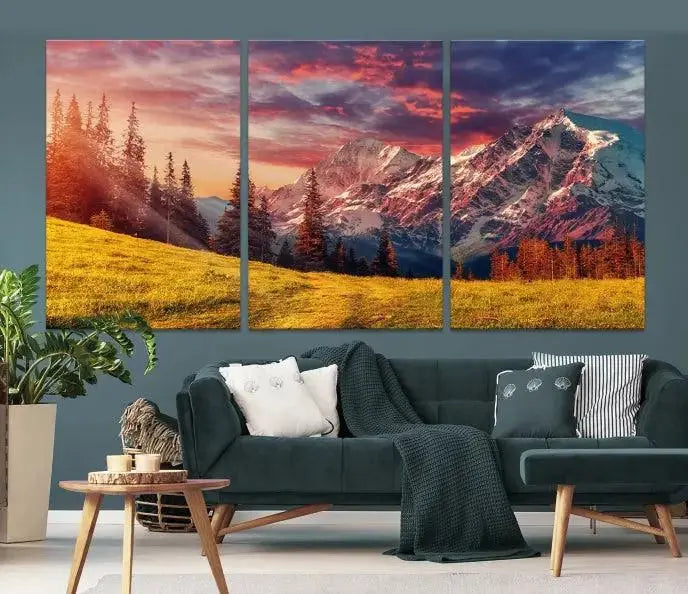 The "Mountain and Daylight Red Sunset Wall Art Canvas Print," featuring three panels of a mountain landscape at sunset, graces the wall with its vibrant depiction. Printed on museum-quality canvas with UV-protective coating, this ready-to-hang piece can effortlessly transform any living space into an artistic sanctuary.