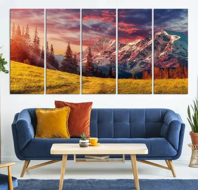 The "Mountain and Daylight Red Sunset Wall Art Canvas Print," featuring three panels of a mountain landscape at sunset, graces the wall with its vibrant depiction. Printed on museum-quality canvas with UV-protective coating, this ready-to-hang piece can effortlessly transform any living space into an artistic sanctuary.