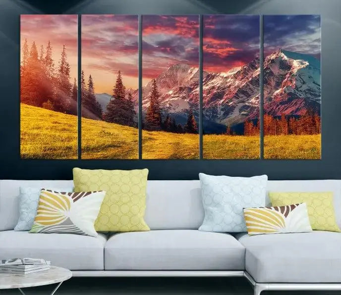 The "Mountain and Daylight Red Sunset Wall Art Canvas Print," featuring three panels of a mountain landscape at sunset, graces the wall with its vibrant depiction. Printed on museum-quality canvas with UV-protective coating, this ready-to-hang piece can effortlessly transform any living space into an artistic sanctuary.