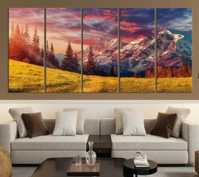 The "Mountain and Daylight Red Sunset Wall Art Canvas Print," featuring three panels of a mountain landscape at sunset, graces the wall with its vibrant depiction. Printed on museum-quality canvas with UV-protective coating, this ready-to-hang piece can effortlessly transform any living space into an artistic sanctuary.