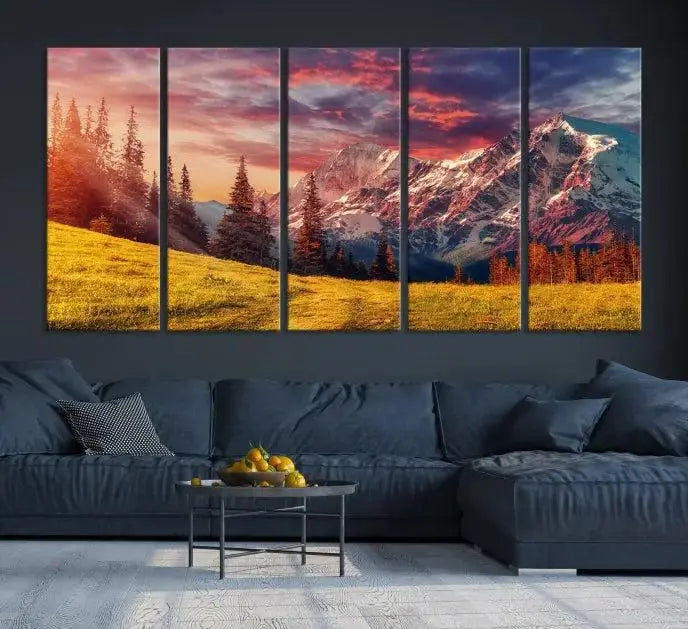 The "Mountain and Daylight Red Sunset Wall Art Canvas Print," featuring three panels of a mountain landscape at sunset, graces the wall with its vibrant depiction. Printed on museum-quality canvas with UV-protective coating, this ready-to-hang piece can effortlessly transform any living space into an artistic sanctuary.